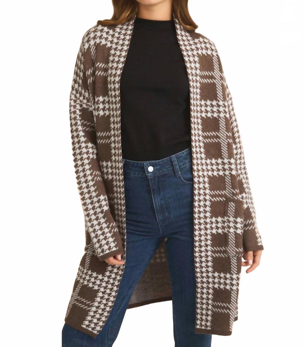 NEW GILLI houndstooth open-front cardigan in brown